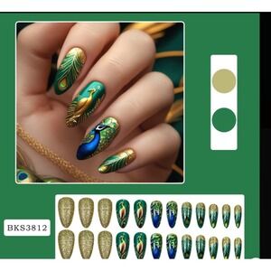 Peacock Press On Nails Emerald Green Gold Glitter Almond Shape 24pc BKS3812